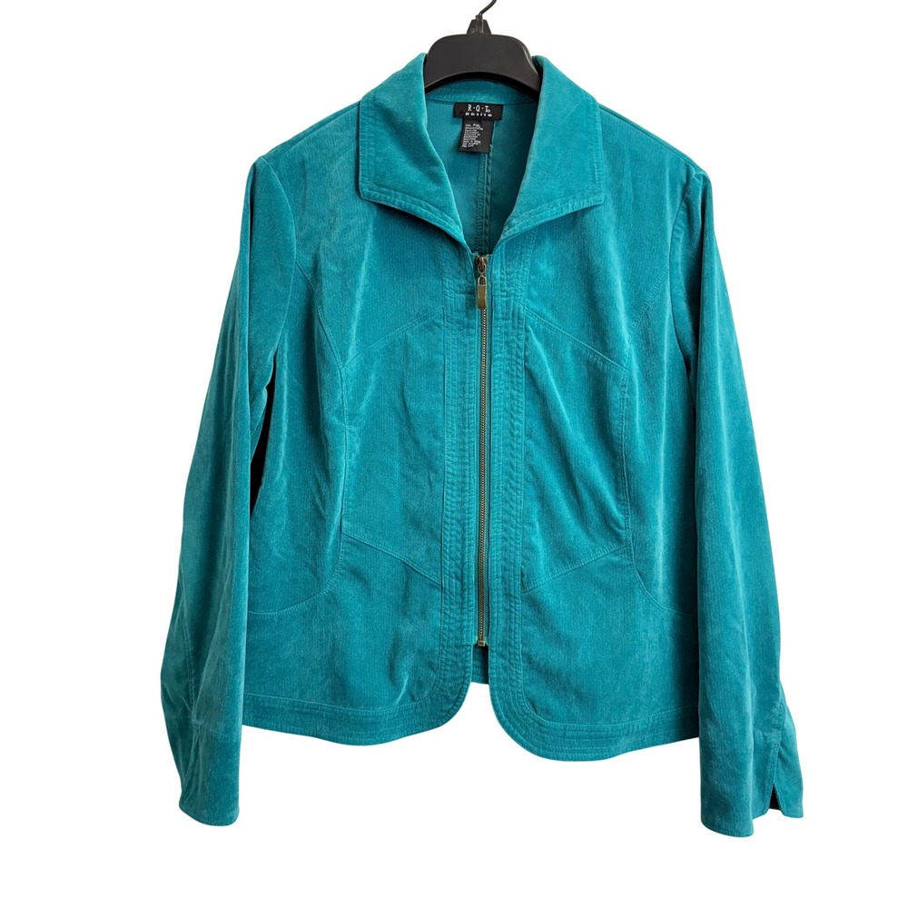 R.Q.T. Petite Teal Blue Corduroy Full Zip Jacket Women PXL Stretch Lightweight
